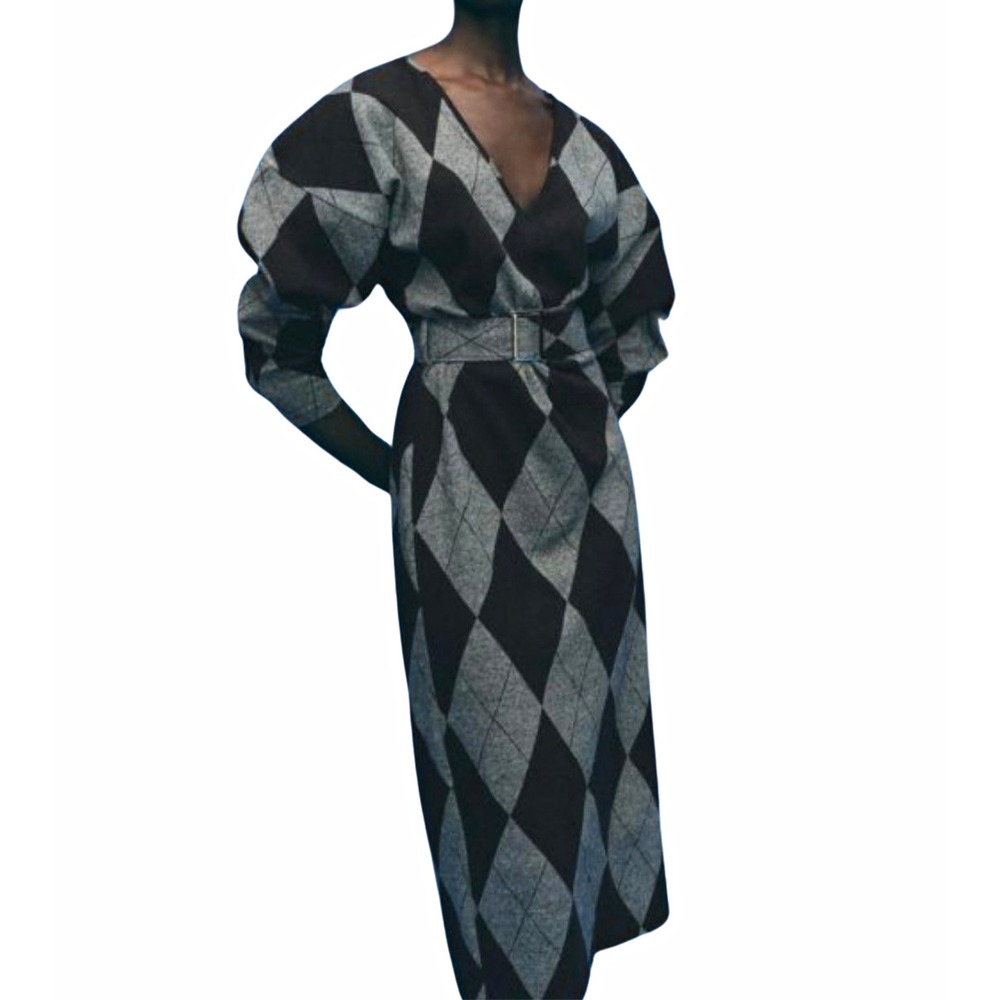 Zara Argyle Knit V-Neck Long Sleeve Belted Midi Dress Gray Sz M NWOT